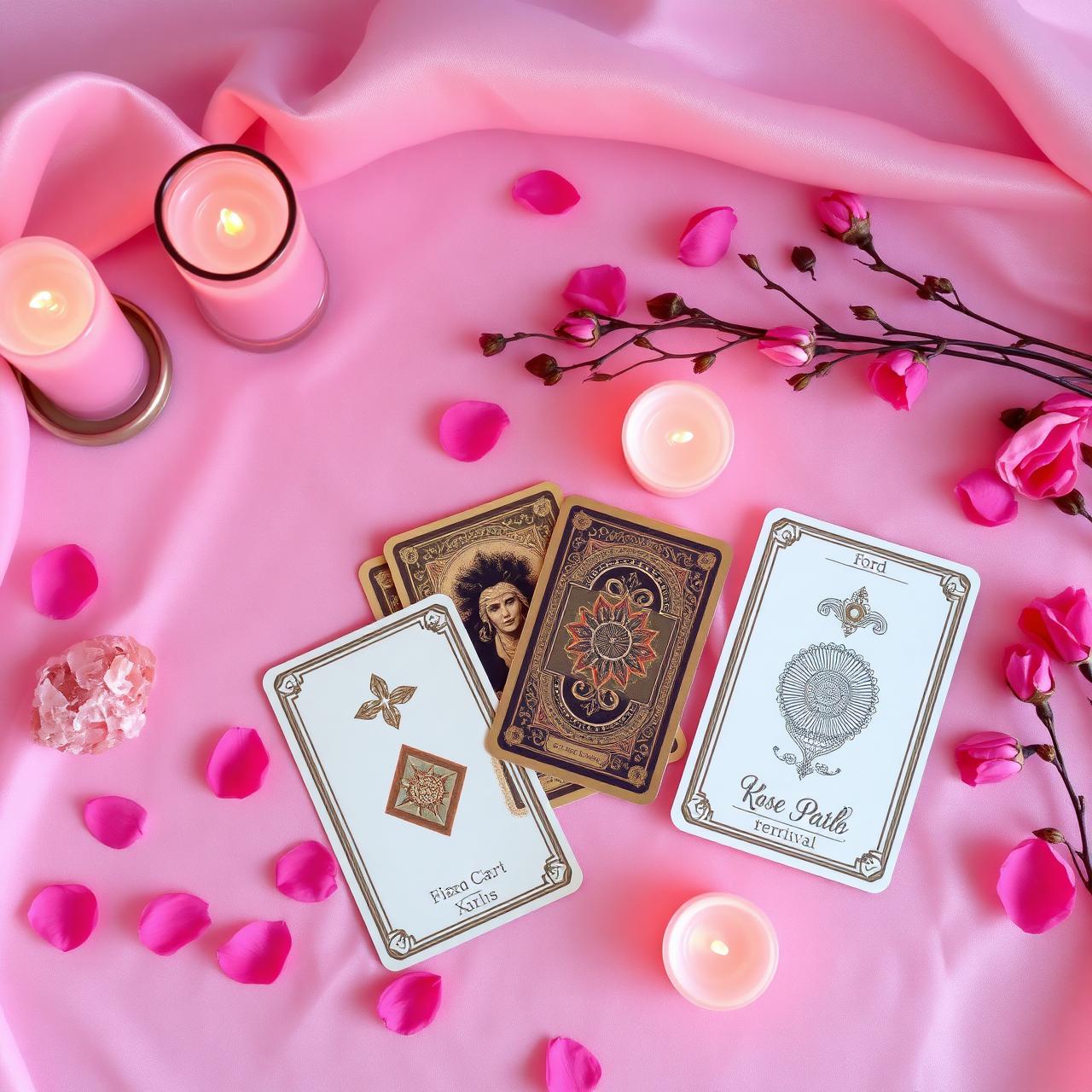 Mesa de leitura com cartas, velas rosas, cristais e pétalas