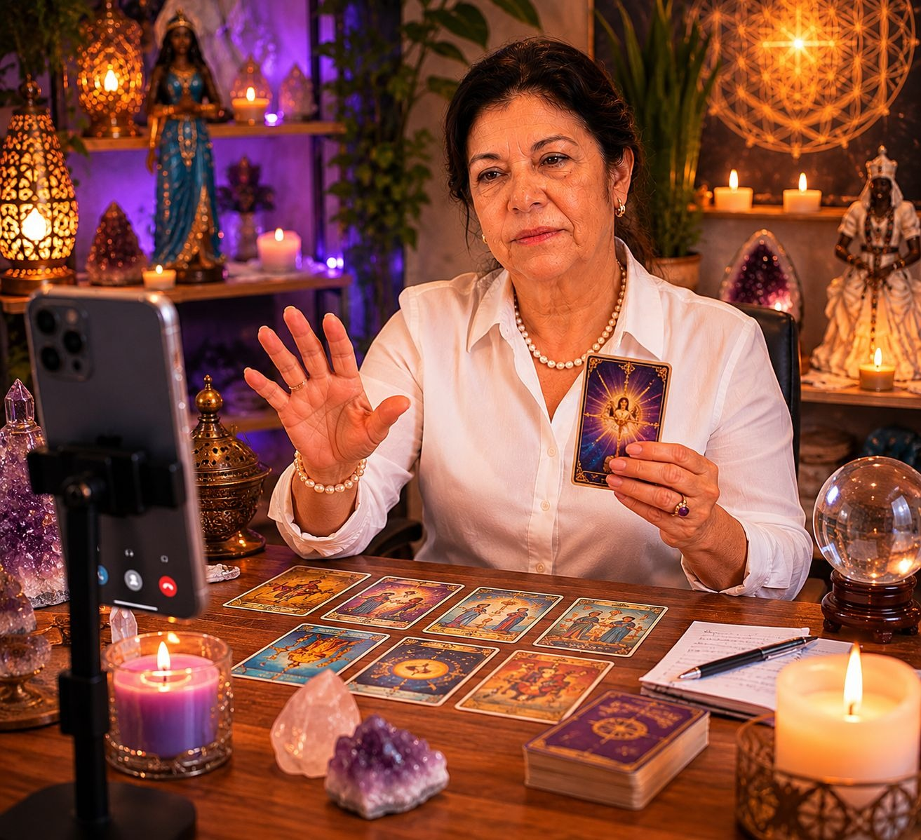 Mãe Rosa realizando uma leitura de cartas de tarot em seu altar