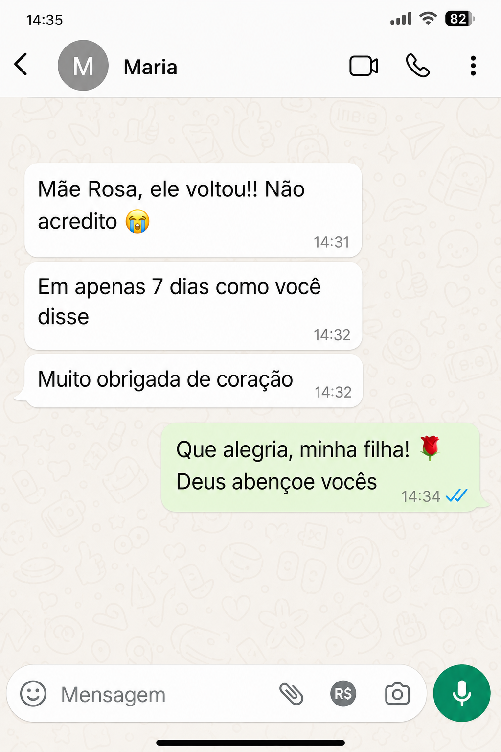 Print de conversa de WhatsApp com depoimento de Maria, SP