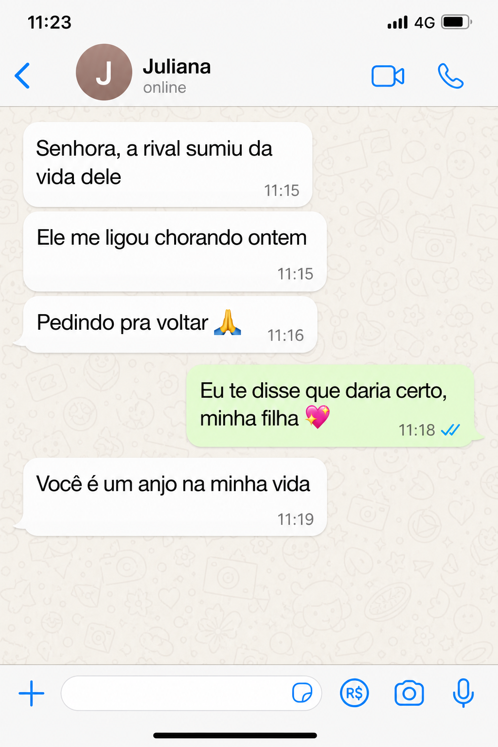 Print de conversa de WhatsApp com depoimento de Juliana, RJ