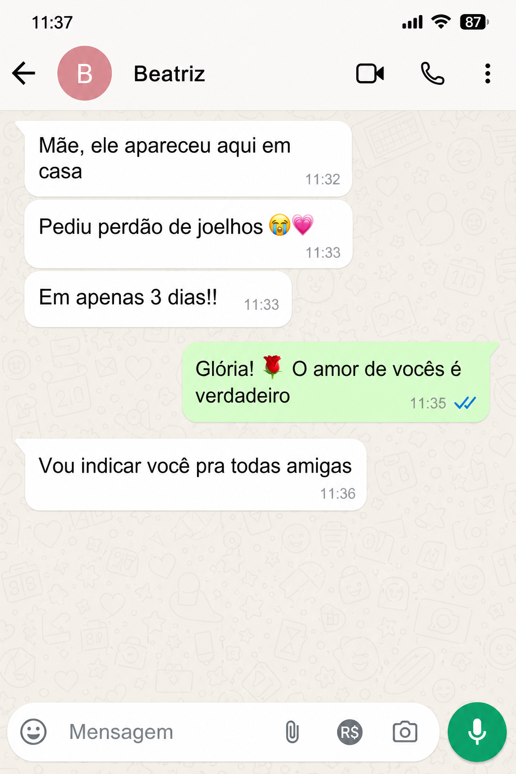 Print de conversa de WhatsApp com depoimento de Beatriz, MG